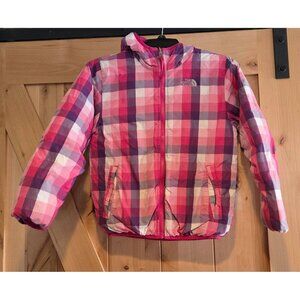 North Face Jacket Girls M 10/12 Pink Hooded Down Puffer Plaid Lined Winter